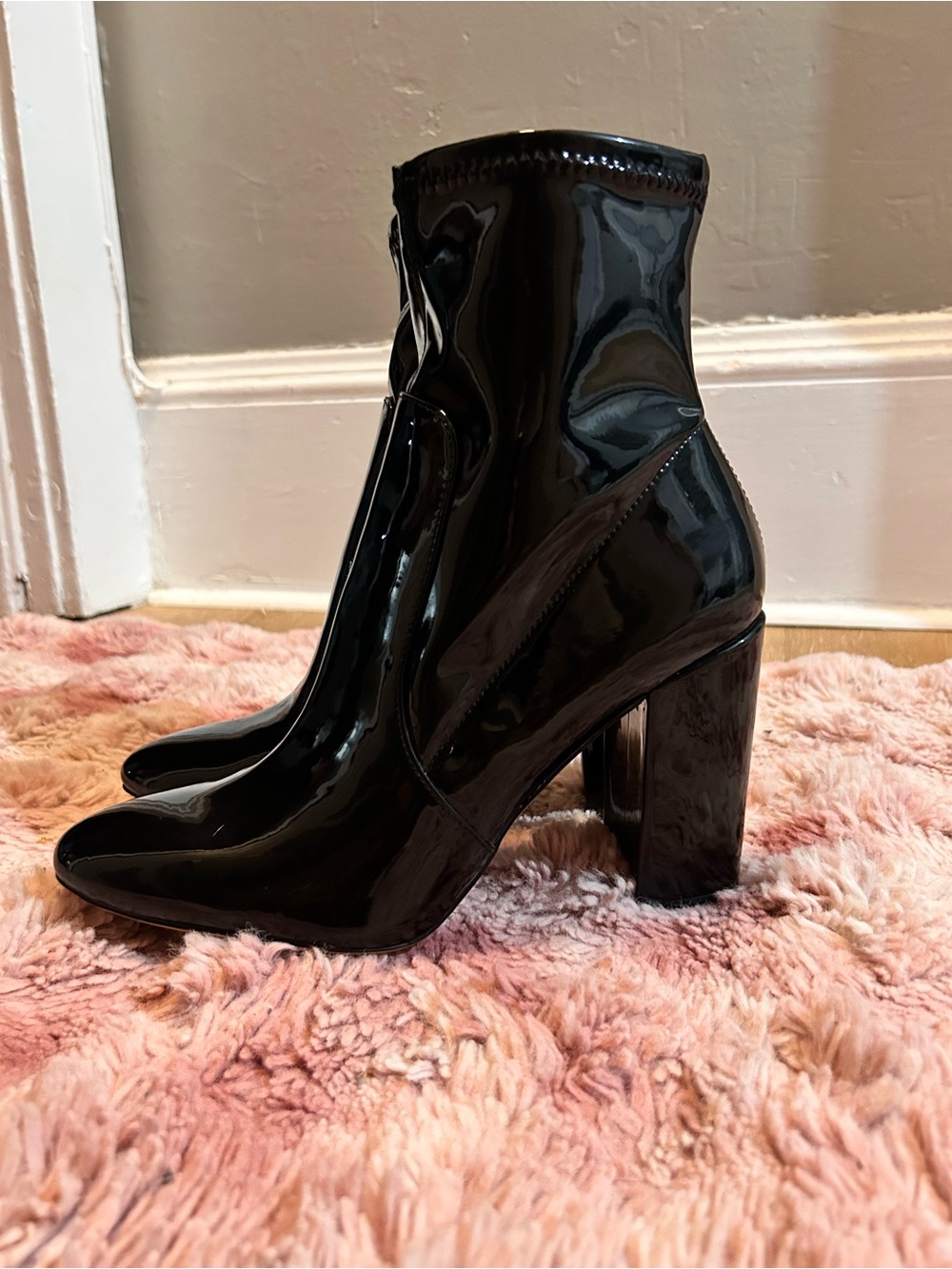 Aldo Black Patent Block Heel Ankle Boots